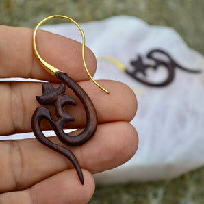 Hand Carved Wood & Brass Om Earrings