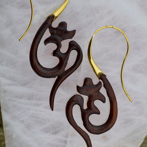 Hand Carved Wood & Brass Om Earrings