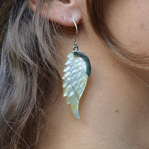 Hand Carved White Abalone Shell & Silver Wing Earrings