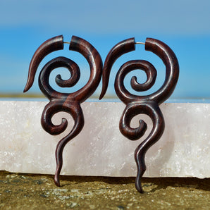 Hand Carved Wood River Goddess Earrings