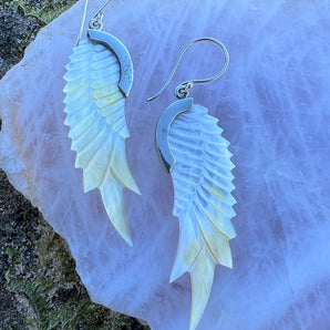 Hand Carved Shell & Silver Guardian Wing Earrings