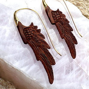 Hand Carved Redwood & Brass Earrings