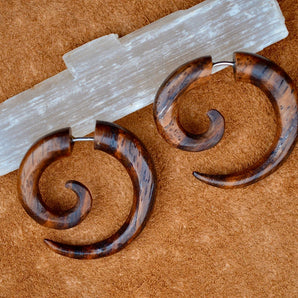 Hand Carved Wood Spiral Earrings